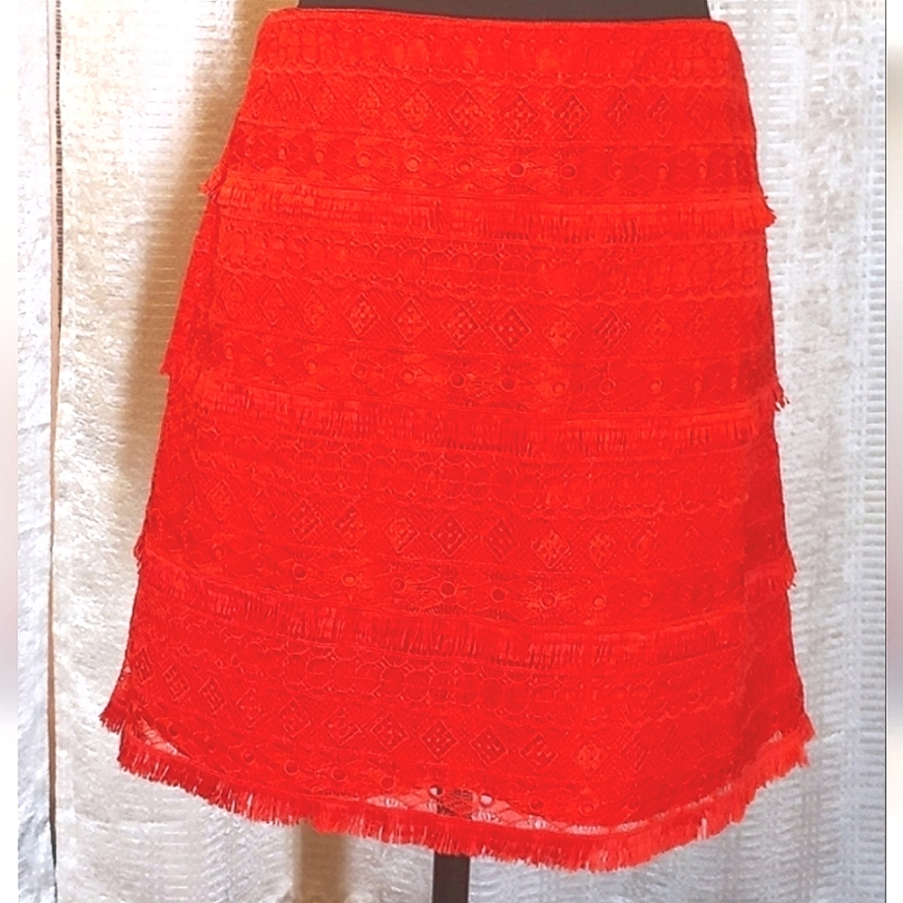 J Crew FRINGE LACE KNIT VIVID RED MINI SKIRT SIZE 0 - Picture 3 of 12